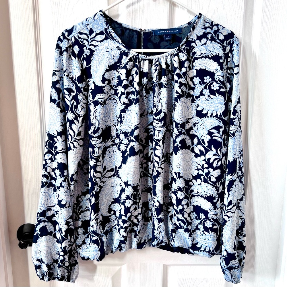 ⭐️ Tommy Hilfiger Navy Cream Floral Print Scoop Neck Peasant Blouse LARGE